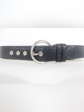 Textured Black Leather Belt Large Silver Grommets Vintage Wide Silver Buckle